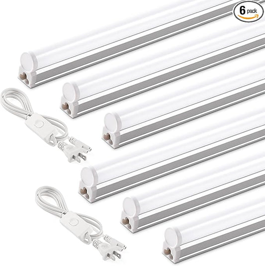 Barrina T5 4FT LED Shop Light, 2 Pcs Power Cords 6500K Super Bright White 2200lm 20W Utility Light Fixture, Ceiling Commercial Bay Light for Workshop Garage, Corded Electric with ON/Off Switch, 6 Pack