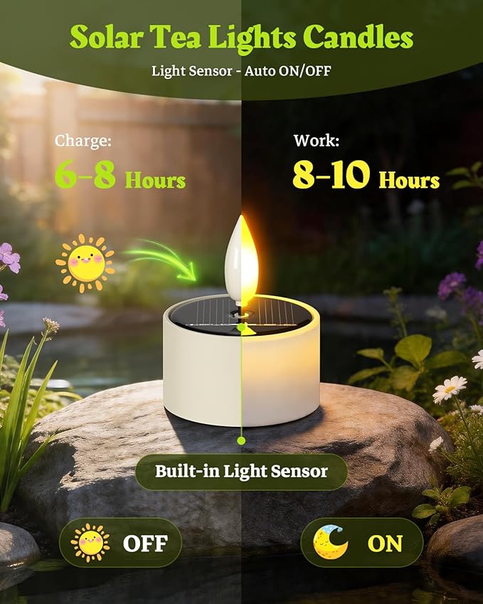 Yme Solar Tea Lights Outdoor Waterproof, 12 Pack Flickering Flameless Solar Candles with Dusk to Dawn Sensor, Rechargeable LED Votive Tealights for Lanterns Garden Patio Wedding Party Decor