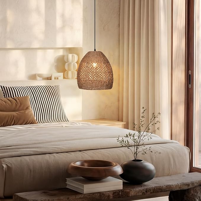 13.7" Boho Rattan Chandelier Light Fixture, 1-Light Hand Woven Coastal Ceiling Pendant Lights Kitchen Island Farmhouse Hanging Lamp for Dining Room, Bedroom, Living Room, Entryway, Foyer