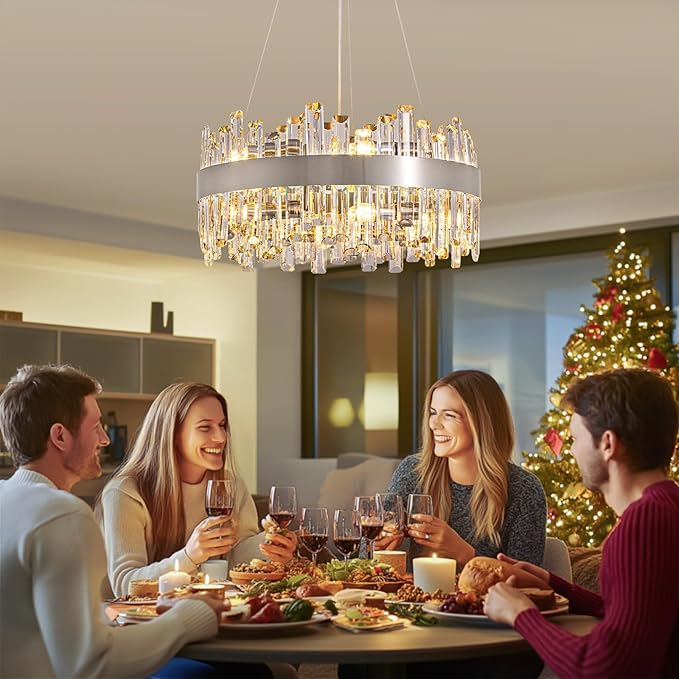 Siljoy Modern Crystal Chandeliers 12-Light Luxury Brushed Nickel K9 Crystal Raindrop Chandelier Adjustable Dimmable Crystal Ceiling Light Fixture for Dining Room Living Room Bedroom D19.7''