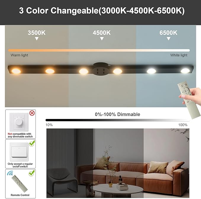 Garwarm Modern Ceiling Light Track Lighting, 47 Inch Dimmable LED Kitchen Ceiling Light Fixture with Remote 6-Light LED Chandelier for Bedroom Dining Room 30W Black