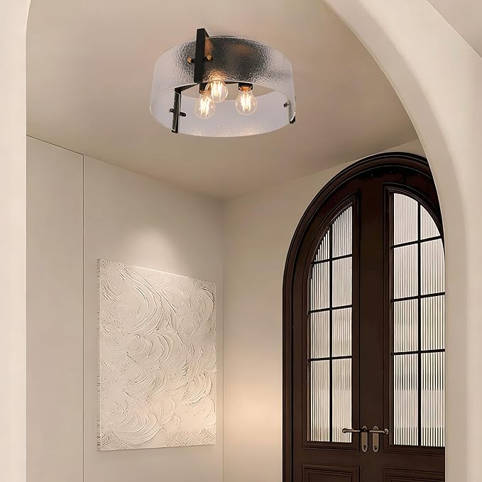 Modern Black Semi Flush Mount Ceiling Light Fixture, 3-Light Glass Ceiling Mount Light Fixtures, Kitchen Island Lighting Fixtures Ceiling Lights for Foyer Entryway Bedroom Laundry Room Hallway