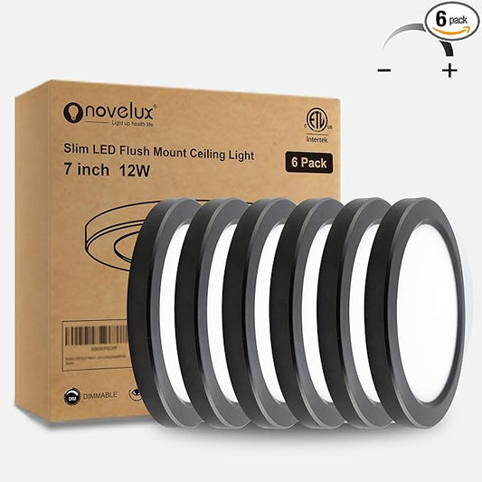 ETL Certified 7 inch Small LED Flush Mount Ceiling Light Dimmable,5000K Daylight Ultra Slim Round Flat Panel Ceiling Light Fixture,Modern Ceiling Lamp for Closet,Kitchen,Bathroom 6 Pack(Black)