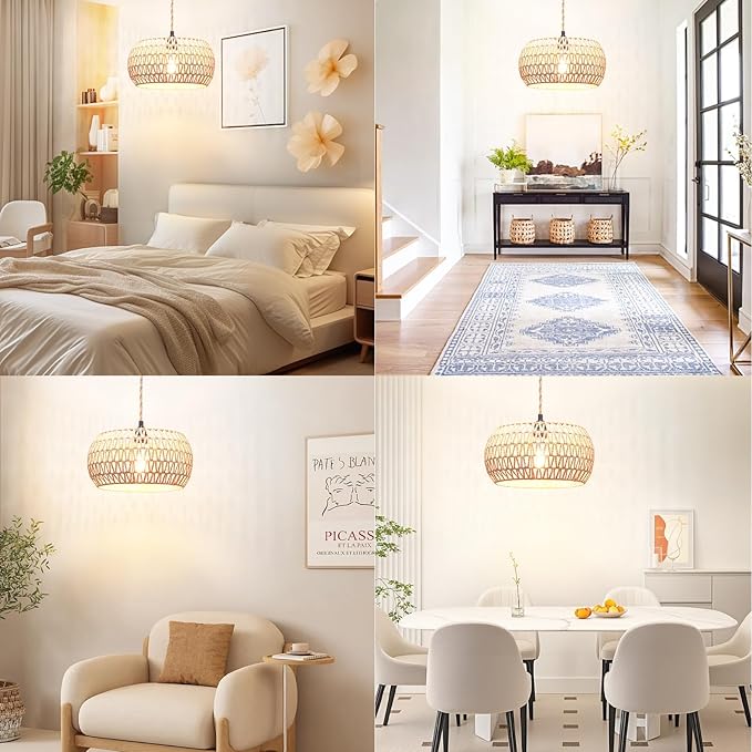 Plug in Pendant Light Rattan Hanging Lamp Pendant Light with on/Off Switch Rattan Woven Shade Hanging Lamp Plug in for Living Room Bedroom Farmhouse