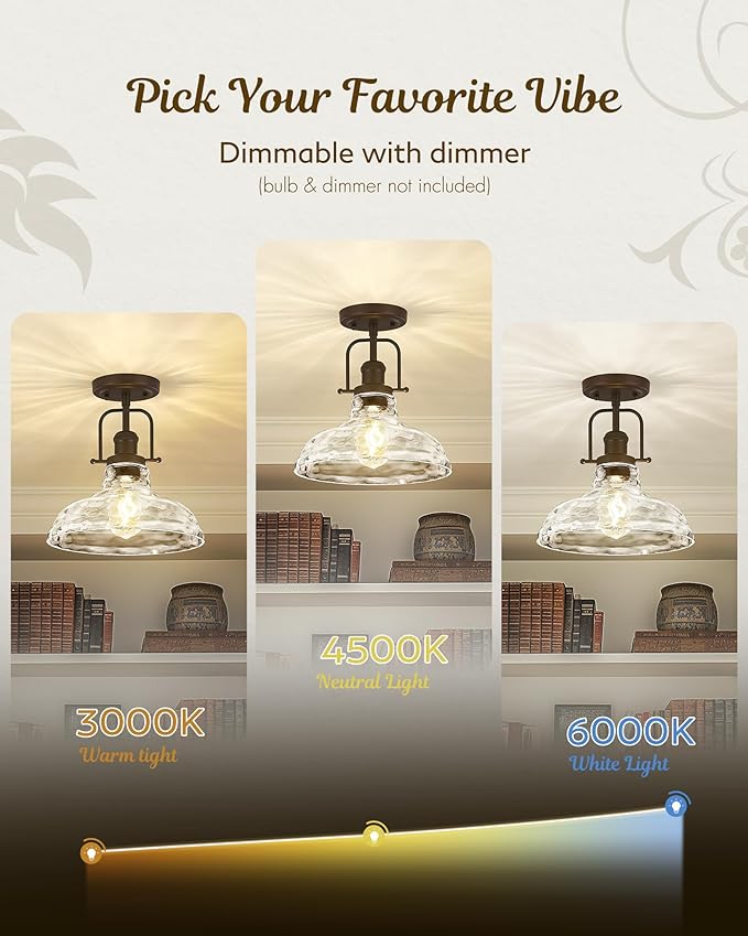 FEMILA 11" Farmhouse Flush Mount Ceiling Light Fixture, Semi Flush Kitchen and Bedroom Ceiling Light with Water Ripple Glass Shade, Oil Rubbed Bronze, Rustic Industrial Lighting, 4FY09-F ORB-WG