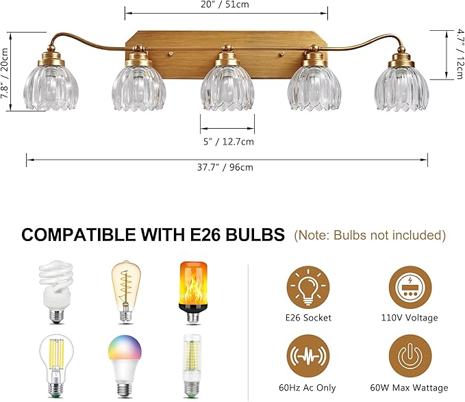 Vintage Bathroom Light Fixtures, 5 Light Gold Bathroom Vanity Light, Matte Antique Brass Finish with Crystal Glass Shade, Wall Sconces Lighting for Bedroom, Living Room, Hallway