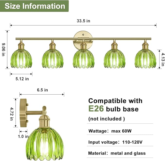 Vintage Bathroom Light Fixtures,5-Light Hardwired Vanity Lights with Green Tulip Glass Shade,Gold Bathroom Vanity Light for Mirror Restroom,E26 Socket,33.46 in(Bulbs Not Included)