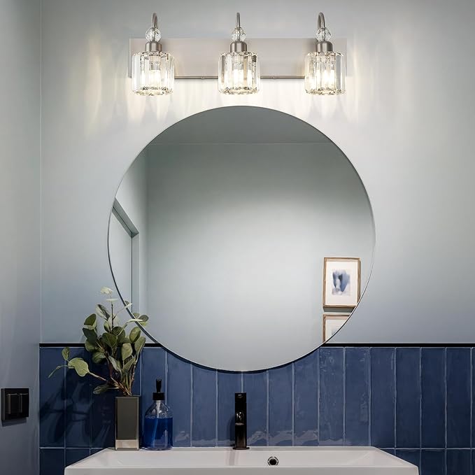 Ralbay Brushed Nickel Vanity Light for Bathroom Crystal 3-Light Modern Bathroom Light Fixtures