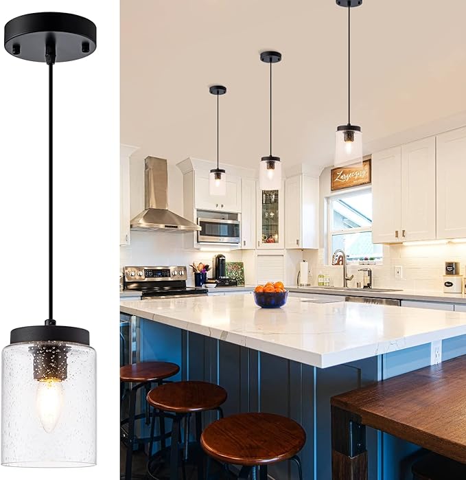 Industrial Mini Pendant Light Modern Bubble Seeded Glass Hanging Lighting Cylinder Adjustable Cord for Kitchen Island Dining Table Over Sink, Black, 1 Pack