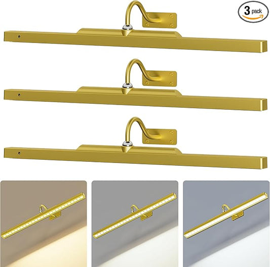 3 Pack Gallery Picture Frame Lights - 24Inch Gold Battery Wireless Wall Mounted Lighting for Large Art, Posters, Canvas & Gallery Walls