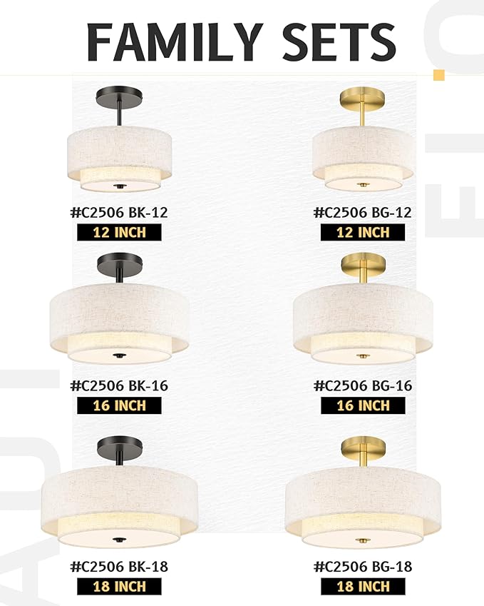 AUTELO Semi Flush Mount Ceiling Light, 12" Gold Light Fixtures Ceiling Mount in Brushed Gold Finish with Drum Fabric Shade for Hallway Bedroom Kitchen, C2506 BG-12