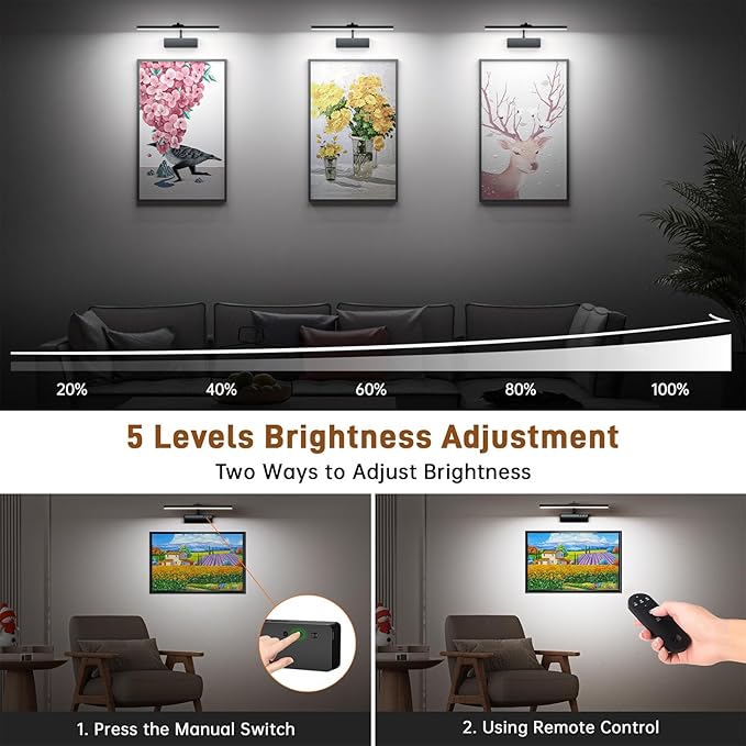 Racokky Picture Light, 15.35inch Picture Lights for Wall Rechargeable, Battery Lights for Pictures on Wall, 3 Color Art Lighting for Paintings with Timer and Dimmable Artwork Display (Black-2PCS)
