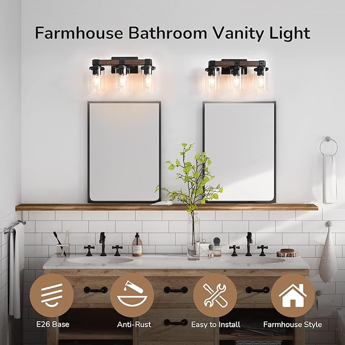 EDISHINE Farmhouse Vanity Lights for Bathroom, 3-Light Bathroom Vanity Lights Over Mirror, Wall Sconce with Clear Glass Shades for Vanity Table, Living Room(E26 Base)