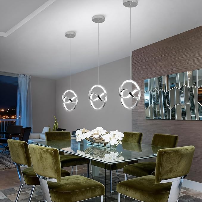 Modern LED Pendant Light Fixtures 5500K Pendant Lights Kitchen Island Lighting Adjustable Height Chrome Hanging Lamp for Dining Room Bedroom Living Room,3 Packs