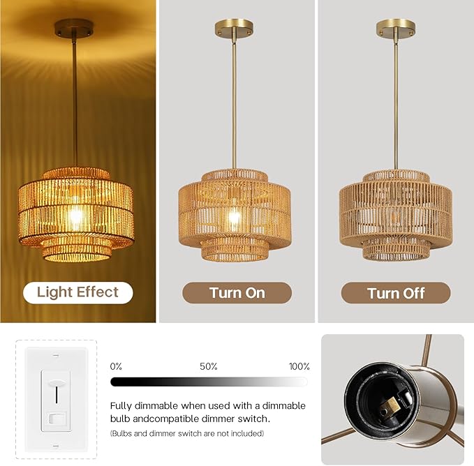 13" Boho Rattan Pendant Light Fixture, Hand Woven Wicker Hanging Lamp with Gold Ceiling Mount, Modern Farmhouse Lighting for Kitchen Island, Dining Room, Bedroom, Living Room, Entryway
