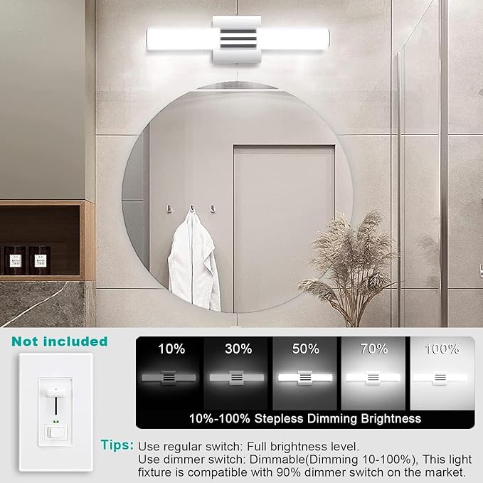 TRLIFE Modern Bathroom Vanity Light, 10W LED, 3 Color Temperature, Dimmable, 18.1inch, Stainless Steel