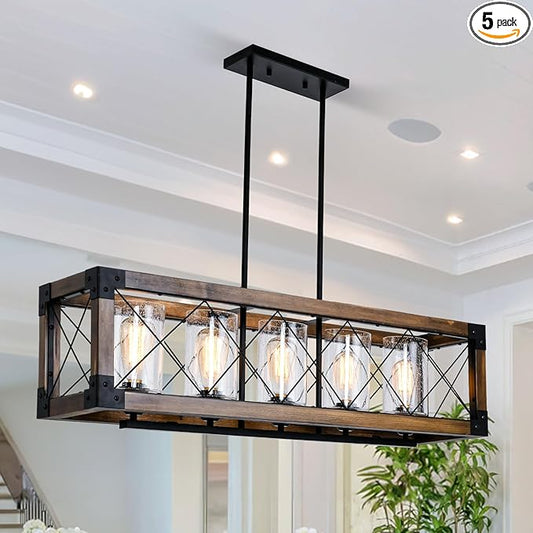 Farmhouse Kitchen Island Lighting, 5-Light Dining Room Light Fixture Over Table, Rustic Wooden Rectangle Chandelier, Pool Table Pendant Light Fixtures with Clean Glass Shade
