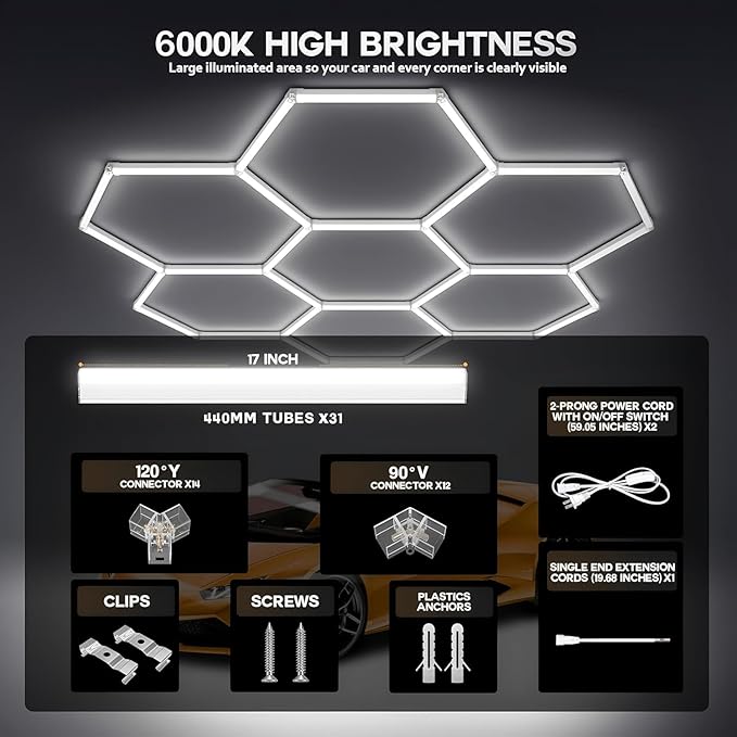 31-Lights LED Hexagon Honeycomb Shop Light, 48,800 Lumens Super Bright 7-Hex DIY Ceiling Light, 488W Garage Lighting for Car Detailing, Workshop, Warehouse, Gym, Basement