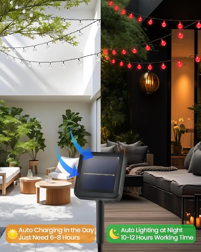 2-Pack 100 LED Red Solar String Lights Outdoor - 64FT Crystal Globe Waterproof Solar Powered Lights for Outside with 8 Lighting Modes for Patio Decorations, Garden, Party, Porch, Wedding, Yard