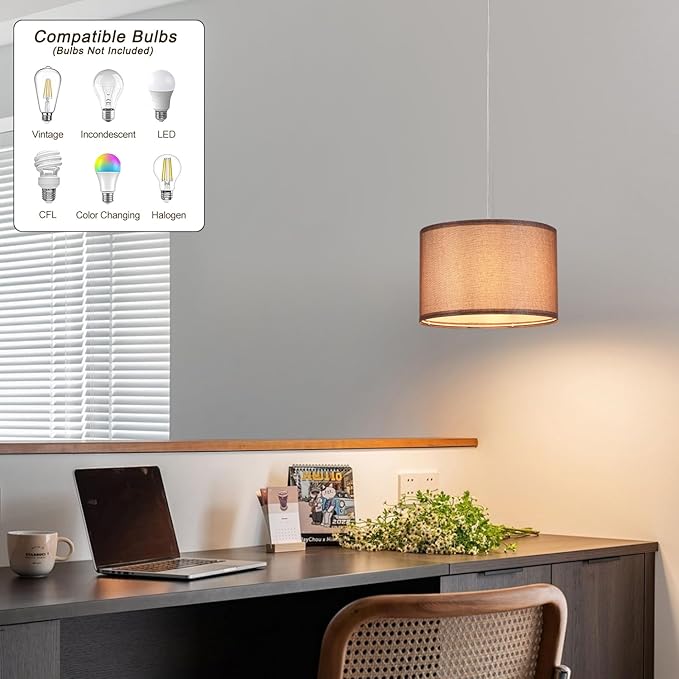 2 Pack Plug in Pendant Light, Hanging Light with 15Ft Clear Cord, On/Off Switch, Coffee Fabric Lamp Shade, Hanging Light Fixture for Bedroom, Kitchen