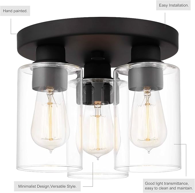 Debo Modern Farmhouse 3-Light Flush Mount Ceiling Light Fixture with Clear Glass Shade in Dark Bronze Finish for Hallway, Entryway, Passway, Bedroom, Garage, Kitchen, Balcony Living Room