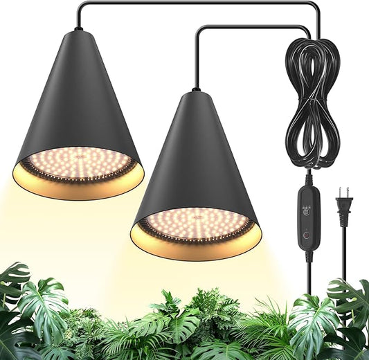 Bstrip 50W Double-Head One Cord Grow Lights for Indoor Plants full Spectrum 3000K, Black LED Grow Light Bulb with Timer & 16.4FT Power Cord, Perfect for Tall Plants, Flowers, and Greenhouses in Winter