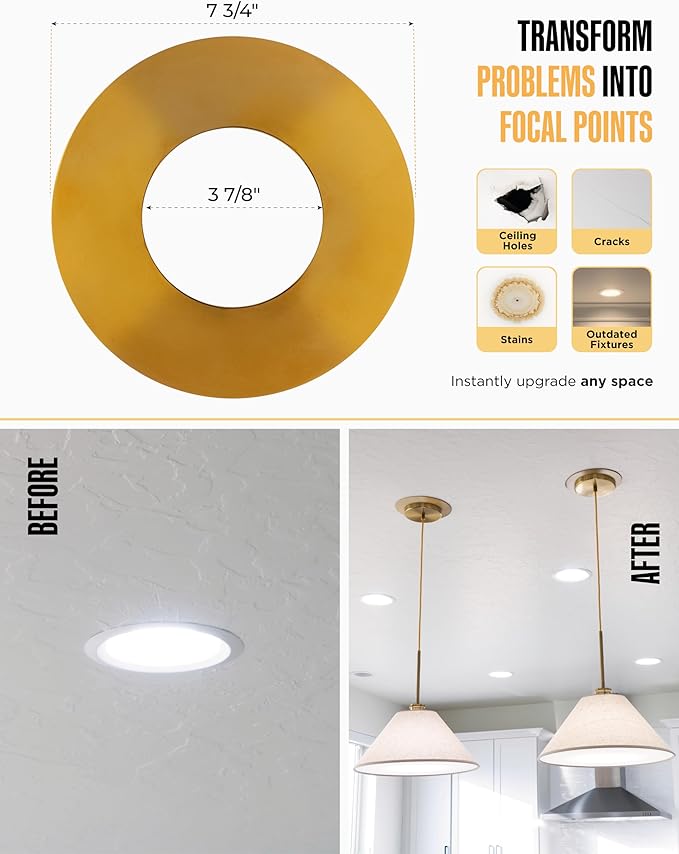 The Can Converter R56 Recessed Can Light Conversion Kit w/ 7"¾ Flat Ceiling Medallion - Home Improvement for 5" & 6" Cans, Converter Kit for Ceiling Fan & Light Fixture, UL Certified, Polished Gold