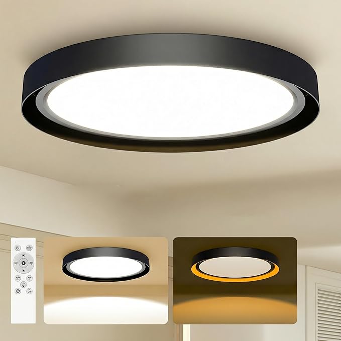 zemty 13inch Morden Black LED Flush Mount Ceiling Lights with Remote, 3 Color Temperature Selectable/Dimmable, 24W 2400LM Light Fixture with Amber Night Light for Bedroom Bathroom Kitchen Basement