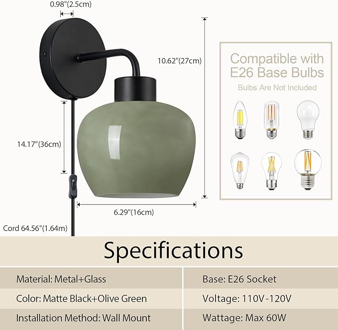 Modern Wall Sconces - Olive Green Milk Glass Plug-in Wall Lamp with Matte Black Finish, Industrial Boho Lighting for Bedroom, Living Room