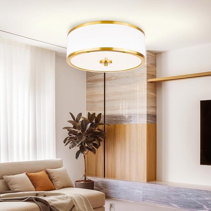 3-Light Flush Mount Ceiling Light Fixture, 12.6" Drum Light with White Fabric Shade, Modern Close to Ceiling Light for Living Room Bedroom Dining Room Kitchen Hallway Entry (Brushed Gold)