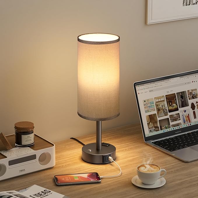 Touch Bedside Table Lamp with Memory - Stepless Dimmable Lamp for Bedroom, Small Nightstand Lamp with Dual USB Charging Ports and AC Outlet, Wood Night Light, Deak Lamp for Nursery (Grey & Grey)