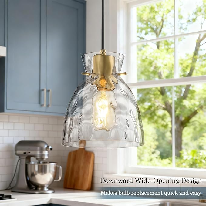 Black Gold Pendant Lights Kitchen Island 2 Pack, 5.9" Small Mini Brushed Brass Hammered Glass Pendant Light Fixtures, Modern Hanging Lights Kitchen Pendant Lighting over Sink Bathroom Dining Room