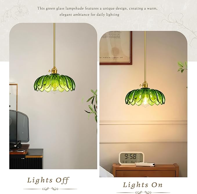 Mid Century Modern Pendant Light 2 Pack Hanging Adjustable Pendant Lights with Brushed Gold Fixture Green Flower Glass Vintage Chandelier for Kitchen Island Bedroom Dining Room（Bulb Incl.）