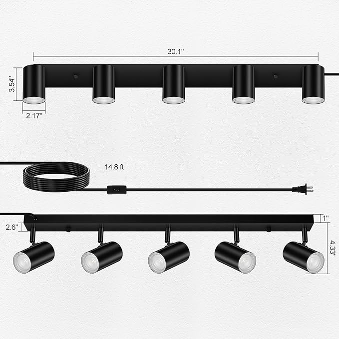 AUQUEE 5 Light Track Lighting Kit,Black 5 Way Modern Plug in Ceiling Spotlight,Industrial LED Wall Light for Kitchen Cabinet Gallery Bar Hallway Living Room,Rocker Switch,15 Foot Cord(No Bulb)