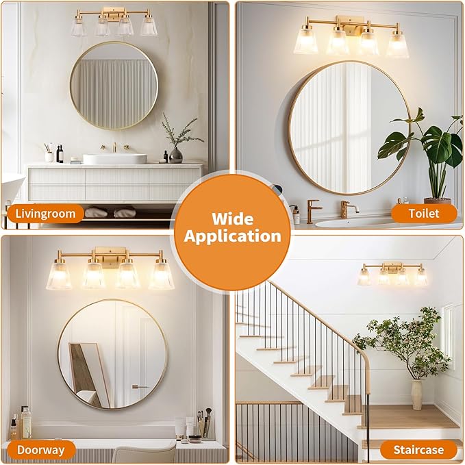 OCIOC 4-Light Bathroom Vanity Light, Burshed Gold Bathroom Light With Stripe Glass Shade, Makeup Light over Mirror, Wall Mounted Sconces for Living room, Kitchen, Hallway
