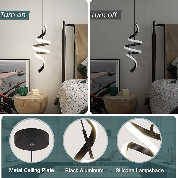 4000K Modern Pendant Light, 15IN Spiral LED Pendant Lights Adjustable Height Black Kitchen Island Fixtures Chandeliers for Dining Room Hanging Lights, 1 Pack (Black,4000K, Hardwired,2PACKS)