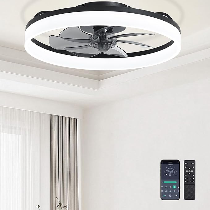 Ceiling Fans with Remote and Lights Fandelier - 20'' Low Profile Flush Mount Modern Black Ceiling Fans for Bedroom - 6 Speeds and Stepless Color Temperature Change