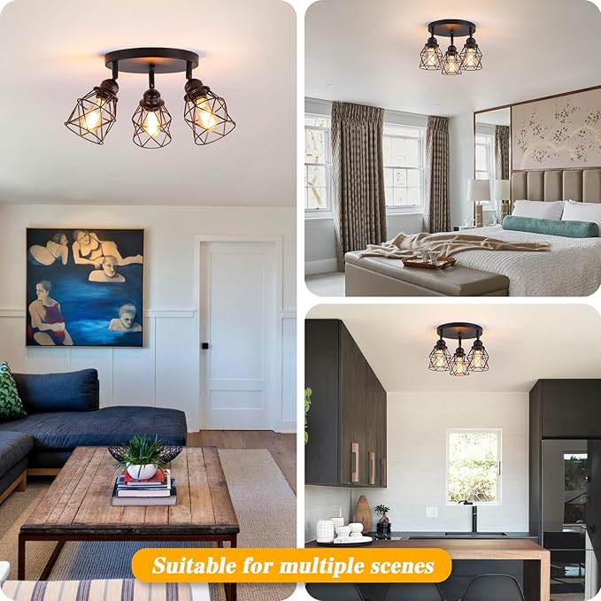 Kitchen Light Fixtures Ceiling Mount, Adjustable Semi Flush Mount Ceiling Light, Multi-Directional Lamp for Kitchen, Hallway, Dining Room, Farmhouse with E26 Base (Black)