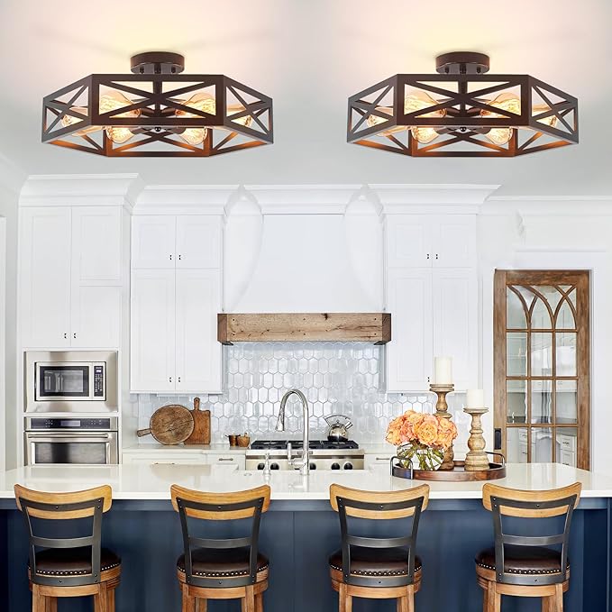 Semi Flush Mount Ceiling Light, Black Large 6-Light Fixtures Ceiling Mount with Hexagon Cage, Metal Industrial Close to Ceiling Light for Hallway, Kitchen, Bedroom (Black, 19.68''L)
