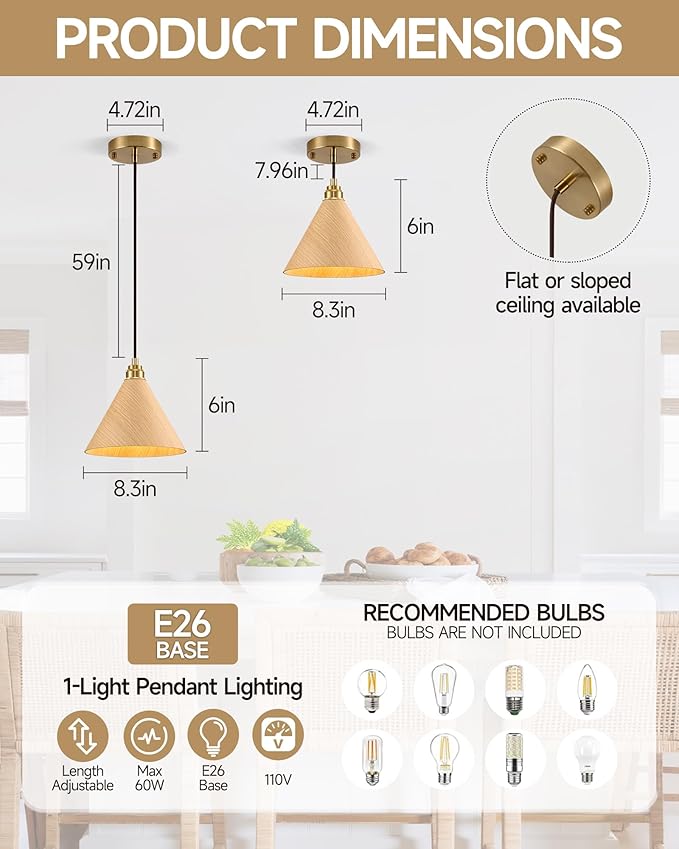 1 Pack Wood Pendant Lights Kitchen Island, 8.3” Small Pendant Light, Adjustable Gold Height Kitchen Hanging Light, Nordic Island Lights for Dining Room, Bedroom, Hallway, Bar(Natural Wood)