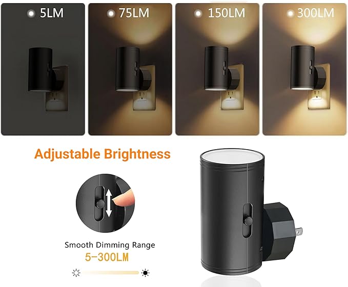 TSEXES LED Night Light Plug into Wall, 0-300LM Adjustable Brightness,Light Sensor,Daylight 5000K,Dimmable Night Light for Hallway Bedroom Stairway, 4 Pack