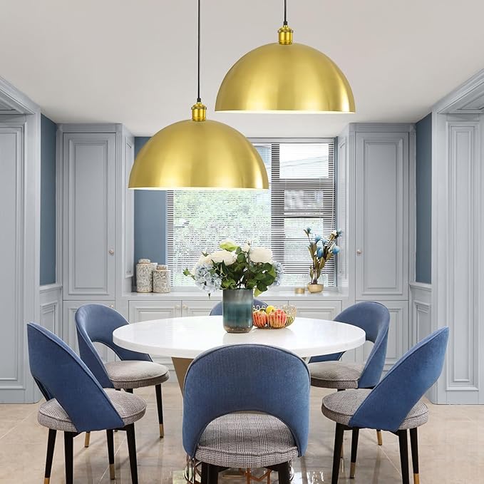 Gold Pendant Light, 16" Farmhouse Ceiling Light with Gold and White, Elegant Semi-Circular Shade Design, Adjustable Height Industrial Dome Pendant Lights for Kitchen Island, Dining Room