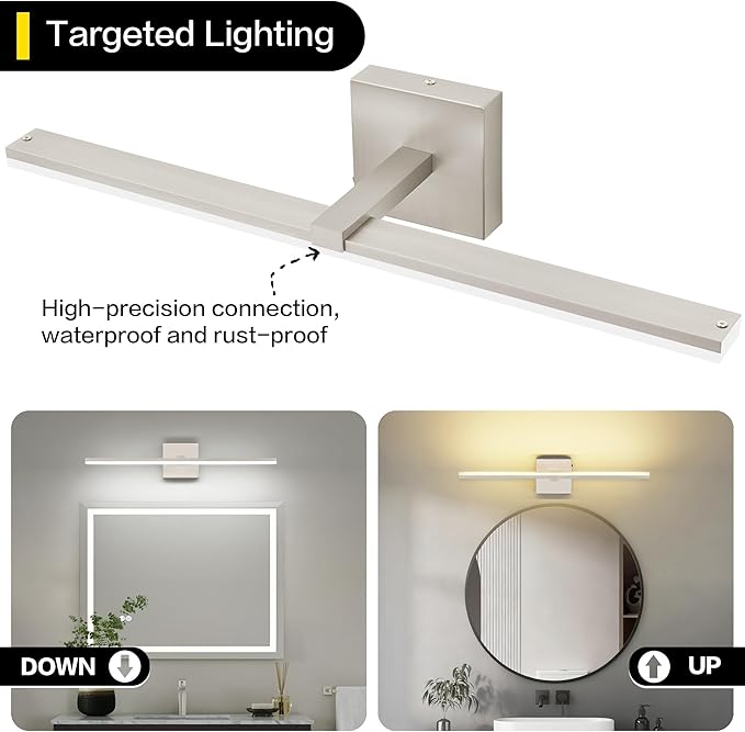 ZUZITO 24 Inch Bathroom Light Fixtures Over Mirror Brushed Nickel Arm Design Wide LED Vanity Bar 5CCT 2900K 6000K 18W 1440lm
