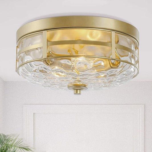 KSANA Gold Modern Flush Mount Ceiling Light Fixture with Water Ripple Glass for Bedroom, Hallway, Kitchen, Dining & Living Room, Foyer and Bathroom