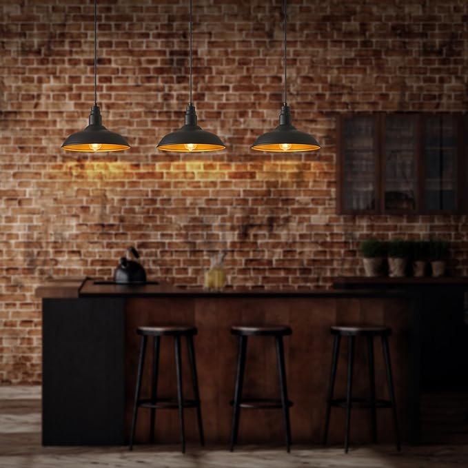 2 Pack Farmhouse Pendant Light for Kitchen, 14in Large Industrial Hanging Lights with Brass Interior, Indoor and Outdoor Ceiling Barn Lighting Fixture with Ajustable Cord for Dinning Room