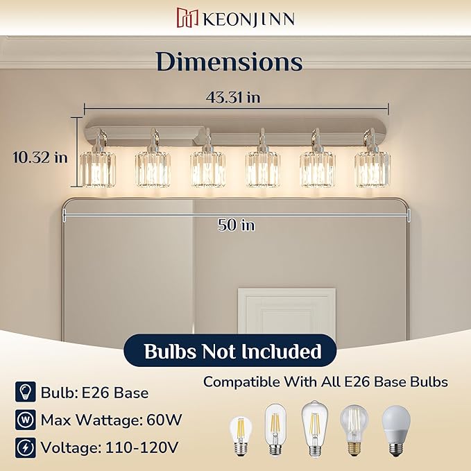 Keonjinn 6-Light Bathroom Light Fixtures, Crystal Chrome Bathroom Vanity Lights Over Mirror, Vanity Lighting Fixtures with Crystal Square Shades (E26 Socket, Exclude Bulb)
