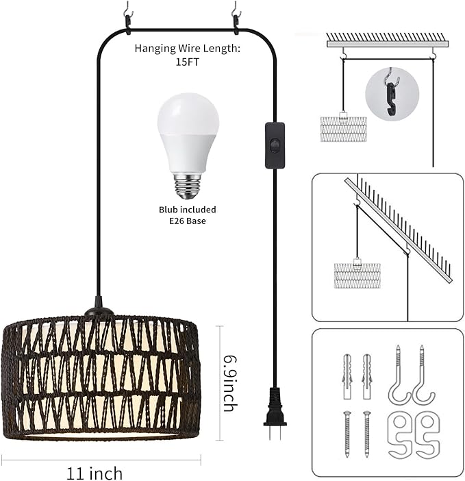 Plug in Pendant Light, Rattan Hanging Lights with Plug in Cord, Woven & Fabric 2 in 1 LampShade, Hanging Lamp Plug in for Bedroom Living Room Kitchen Island-Black (Bulb Included)
