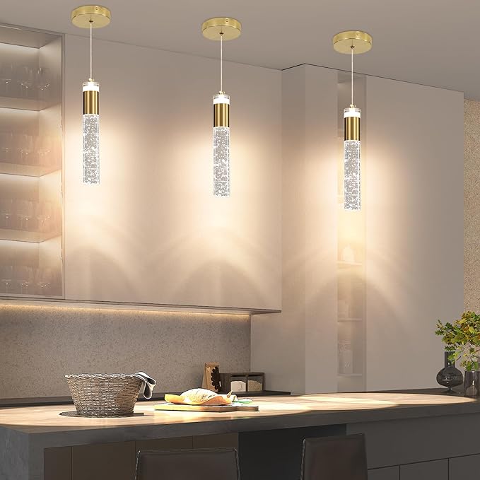 Modern Kitchen Island Pendant Lights, Gold Bubble Crystal Ceiling Hanging Light, 3 Color 2700K/4500K/6500K, Mini Linear LED Chandelier Lighting for Dining Room, Bedroom, Bar, Hallway, Bedside