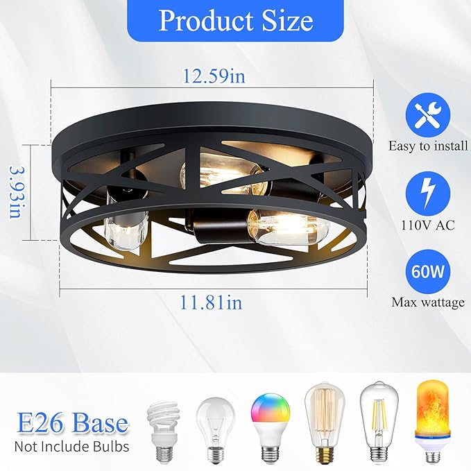 Flush Mount Ceiling Light Fixture,3-Light Ceiling Light Fixture,Black Hallway Light Fixtures Ceiling,Light Fixtures Ceiling Mount for Kitchen,Farmhouse,Hall,Bedroom,Bathroom (1 Pack)