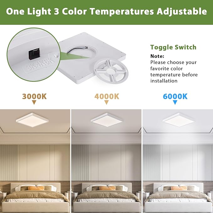 12 Inch 24W LED Flush Mount Ceiling Light Fixtures, 3000K/4000K/6000K Adjustable Square LED Ceiling Light, 2800LM Flat Panel Ceiling Light Fixture for Hallway, Kitchen, Bedroom (White-6 Pack)